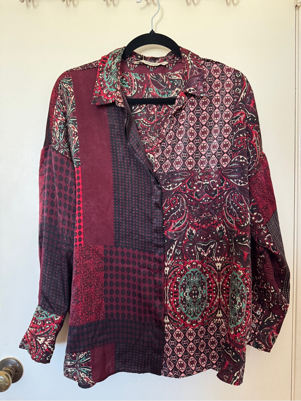 Zara Basic Women Patchwork Button-Up Shirt in Burgundy size XL